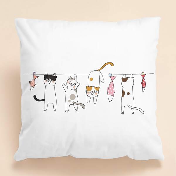 

Kids Cartoon Cat Print Cushion Cover Without Filler, Multicolor