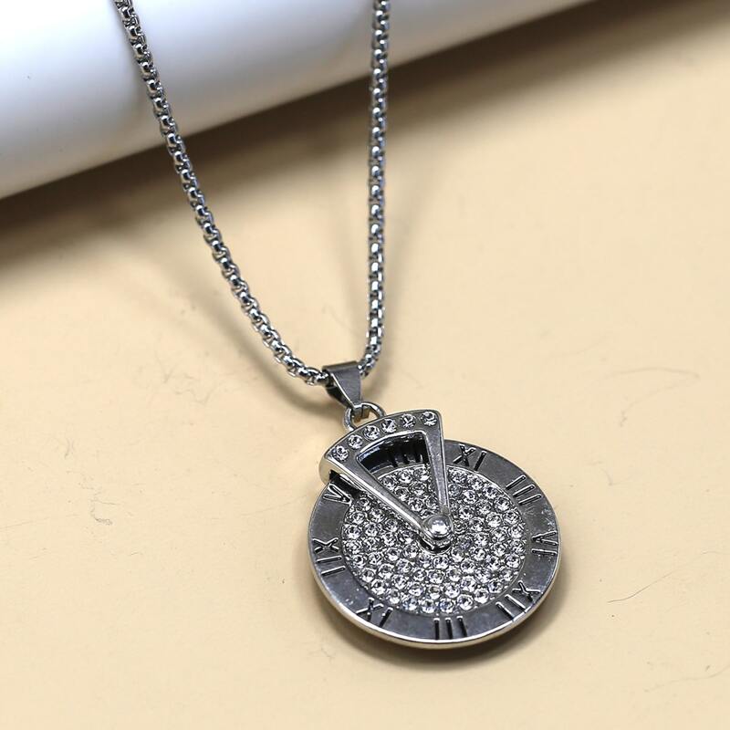 

Guys Rhinestone Decor Clock Charm Necklace, Silver