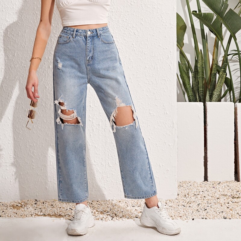 

High Waist Ripped Detail Straight Leg Jeans, Light wash
