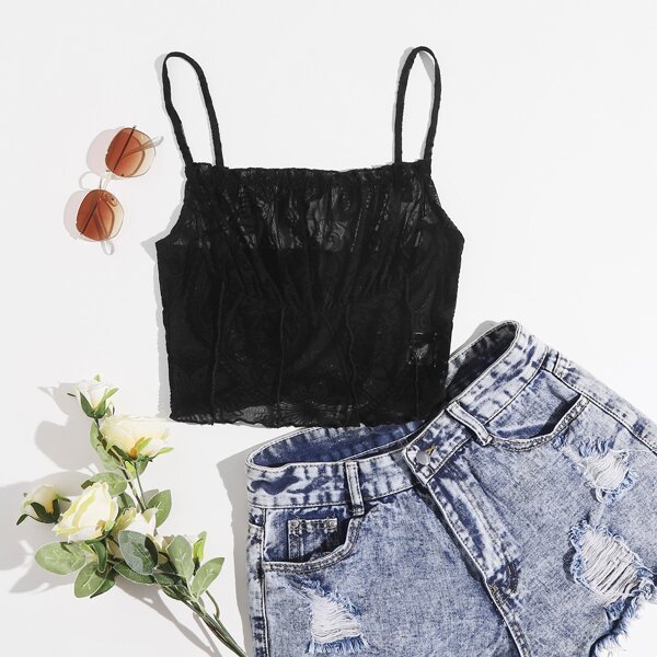 

Ruched Bust Seam Front Flocked Mesh Cami Top, Black