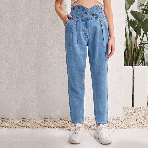 

Fold Pleated Studded Detail Mom Jeans, Medium wash
