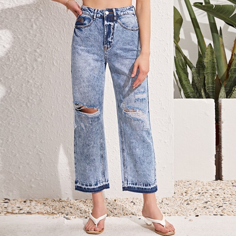 

High Waist Ripped Detail Straight Leg Jeans, Light wash