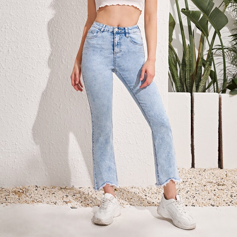 

High Waist Raw Hem Flare Leg Jeans, Light wash