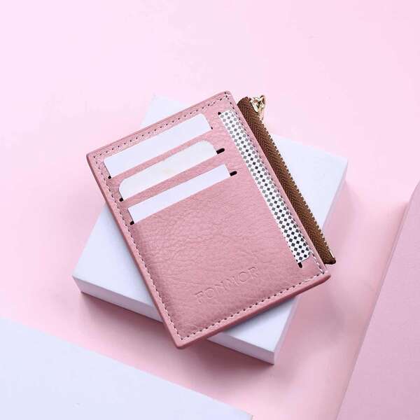 

Letter Embossed Zipper Card Holder, Pink