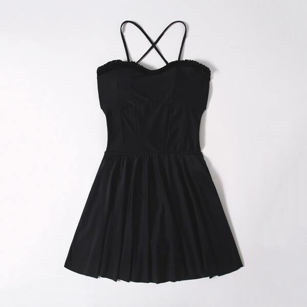 

Frill Trim One Piece Swimsuit, Black