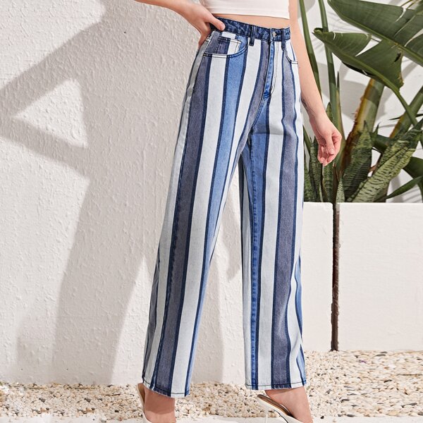 

High Waist Slant Pocket Striped Jeans, Medium wash