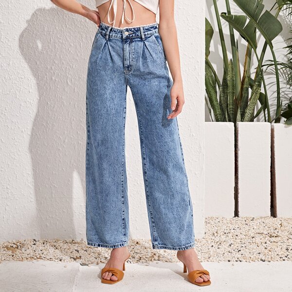 

High Waist Lace Trim Wide Leg Jeans, Light wash
