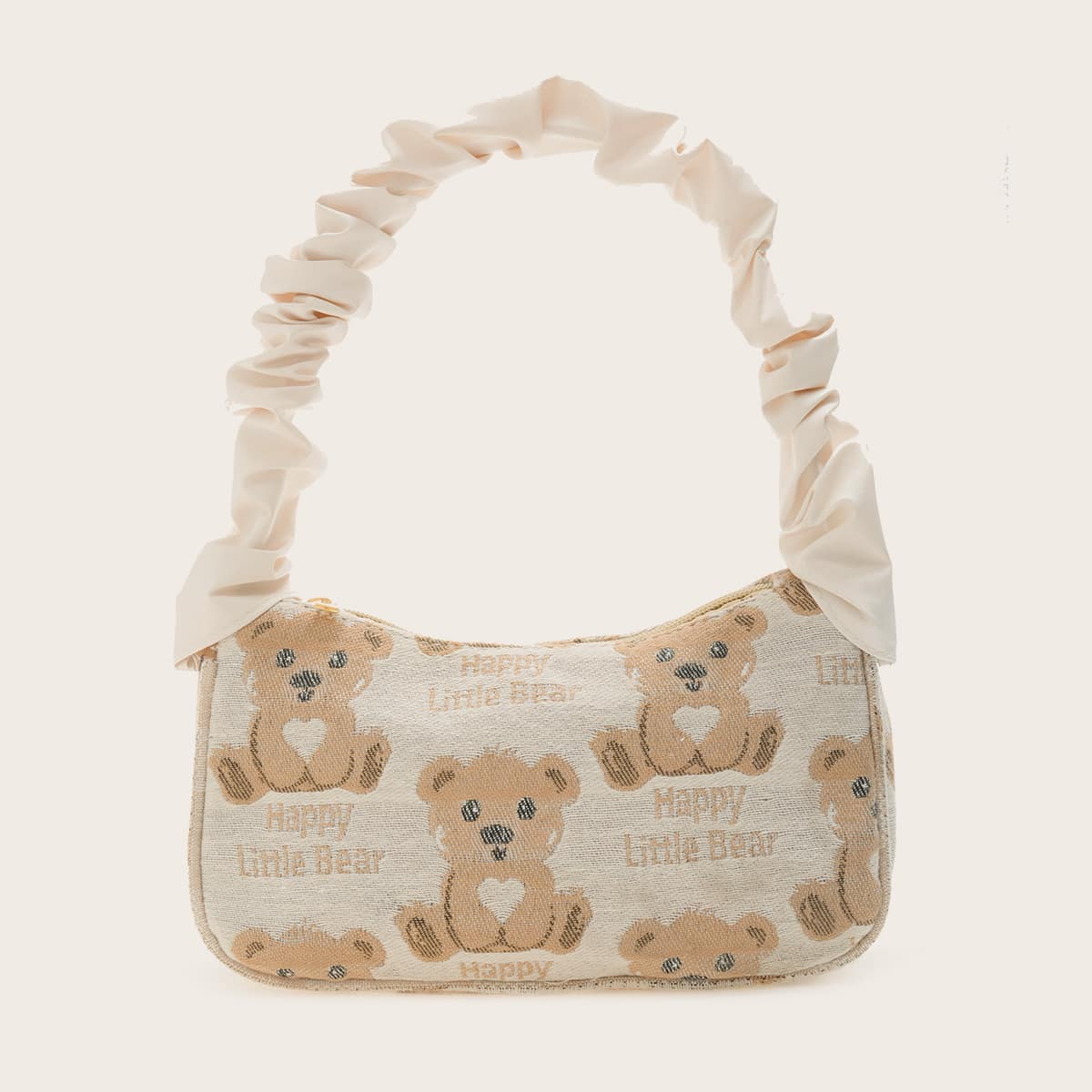 

Ruched Handle Bear Graphic Shoulder Bag, Beige