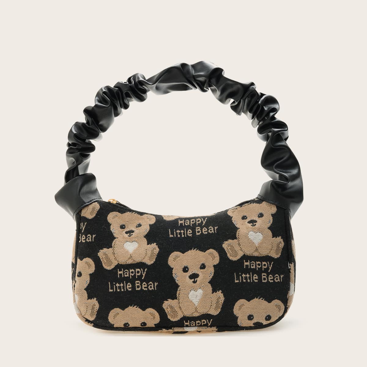

Ruched Handle Bear Graphic Shoulder Bag, Black