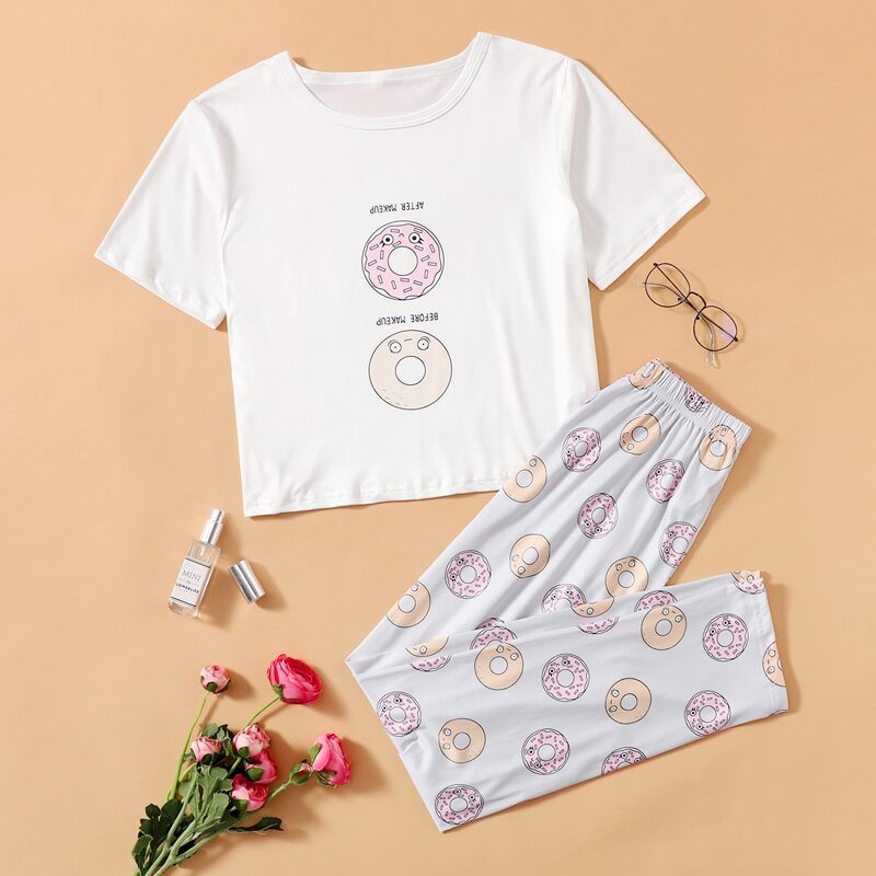 

Cartoon & Letter Graphic Pajama Set, Multicolor