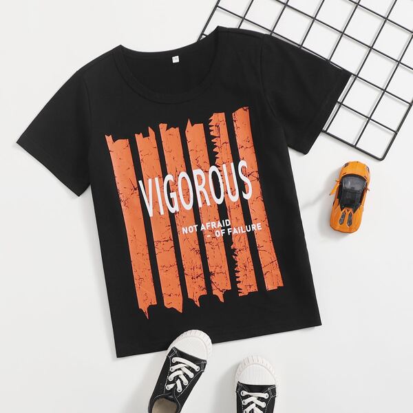 

Boys Slogan And Striped Tee, Black