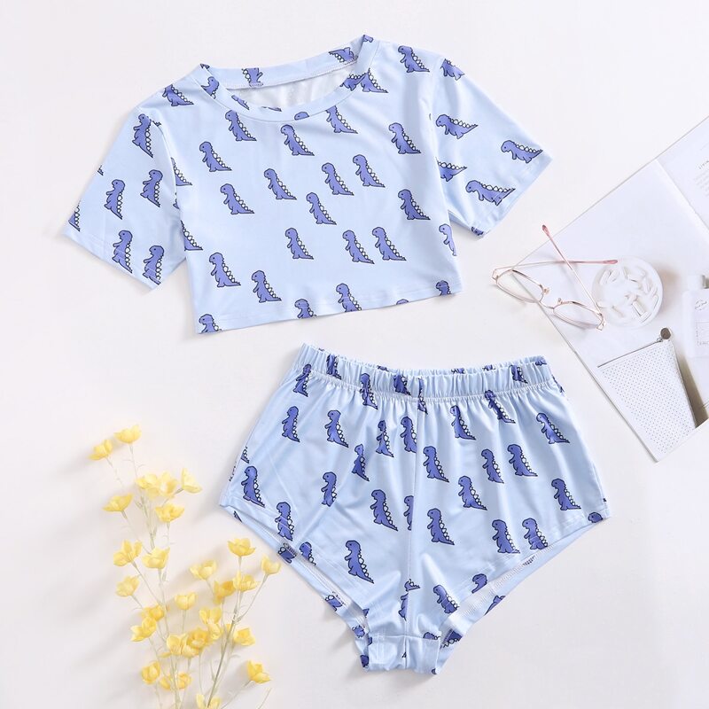 

Cartoon Dinosaur Print PJ Set, Purple
