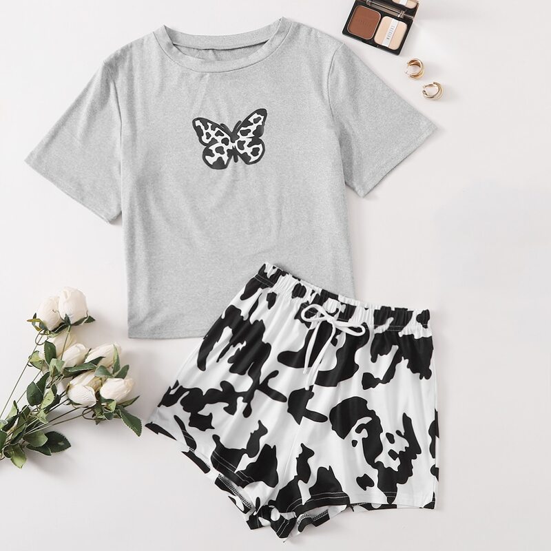 

Butterfly & Cow Print PJ Set, Grey