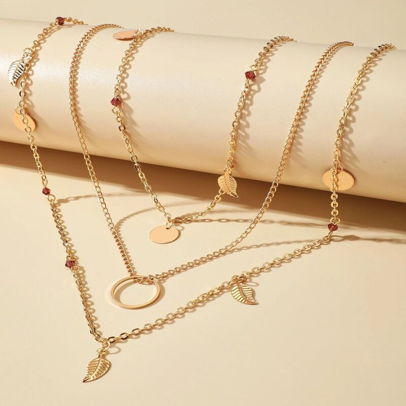

Leaf & Disc Charm Layered Necklace, Gold