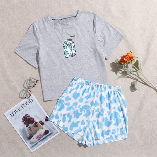 

Milk & Cow Print PJ Set, Grey