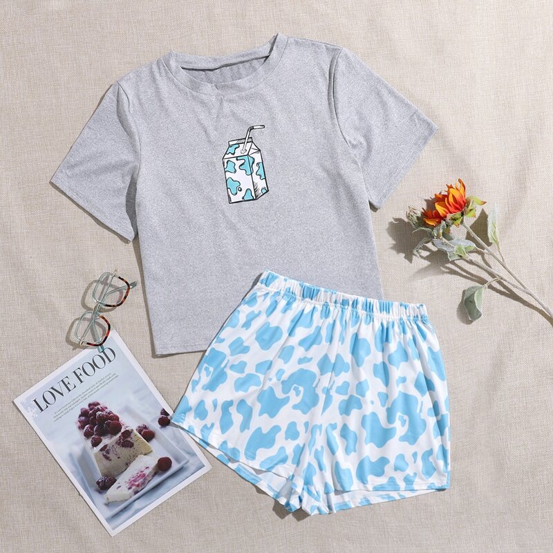 

Milk & Cow Print PJ Set, Grey