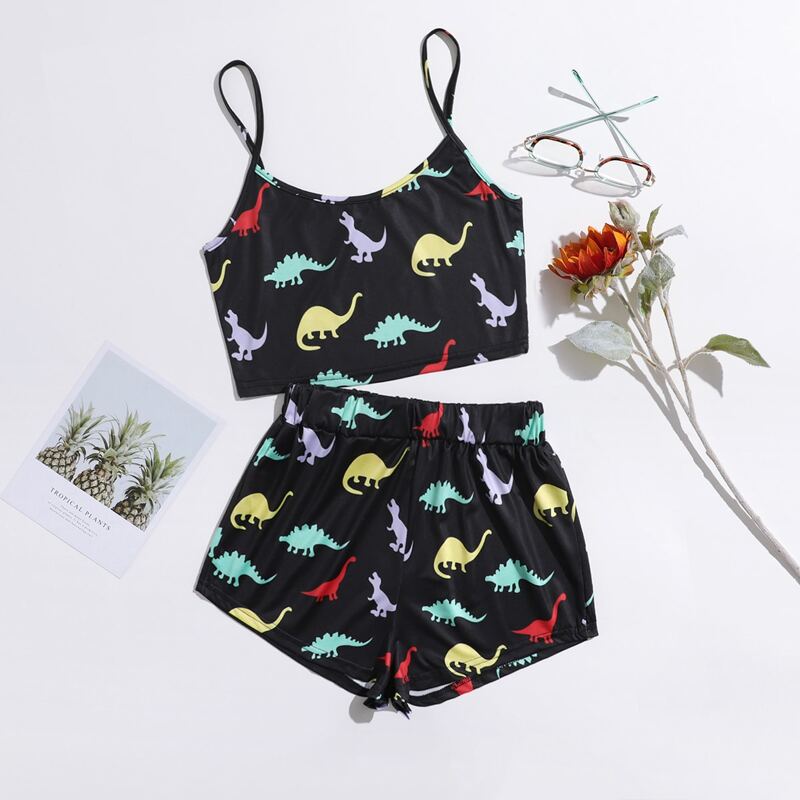 

Dinosaur Print Cami Pajama Set, Black