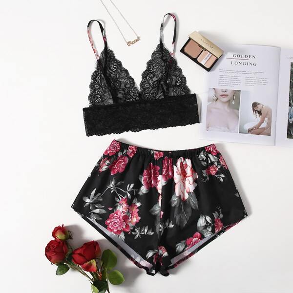 

Floral Print Lace Cami Night Set, Black