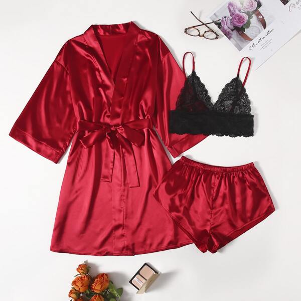 

Lace Cami Top With Satin Shorts With Belted Robe Night Set, Burgundy