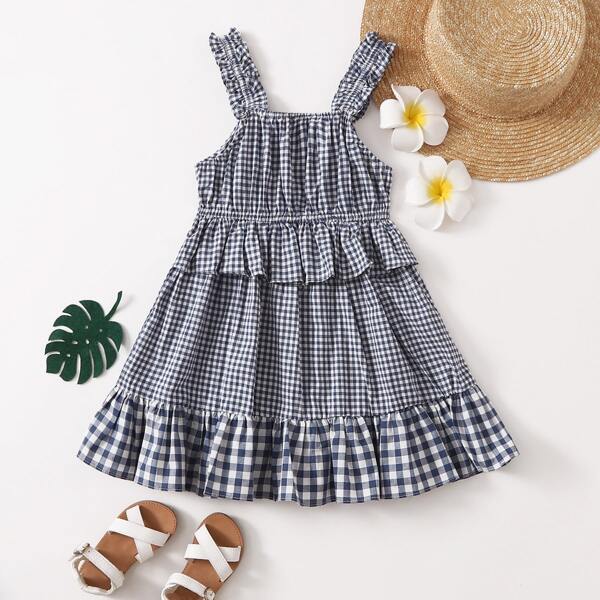 

Toddler Girls Gingham Ruffle Trim Cami Dress, Blue and white