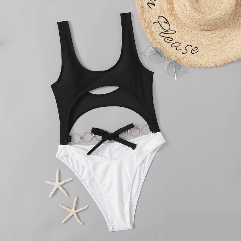 

Colorblock Cut-out One Piece Swimsuit, Black and white