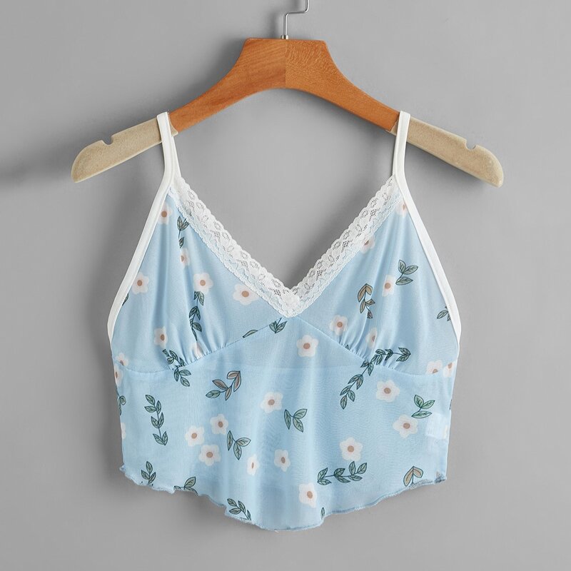 

Ditsy Flower Contrast Lace Crop Cami, Multicolor