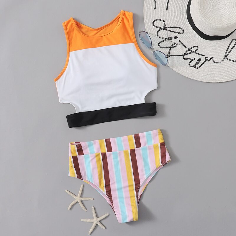 

Cut-out Striped Bikini Swimsuit, Multicolor