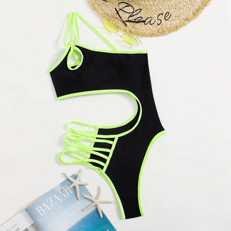 

Contrast Binding Cut-out One Piece Swimsuit, Multicolor