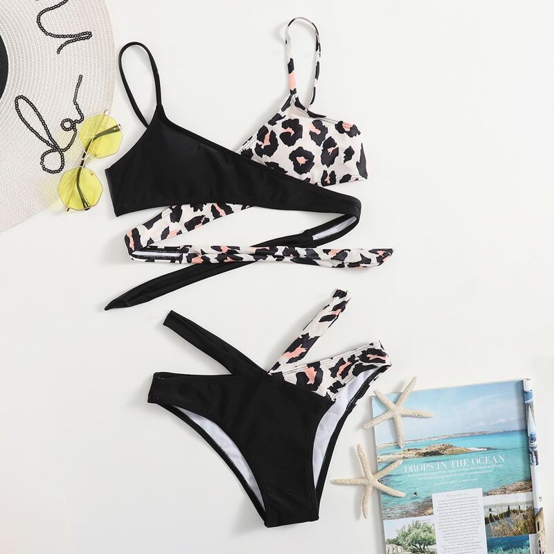 

Colorblock Leopard Criss Cross Bikini Swimsuit, Multicolor