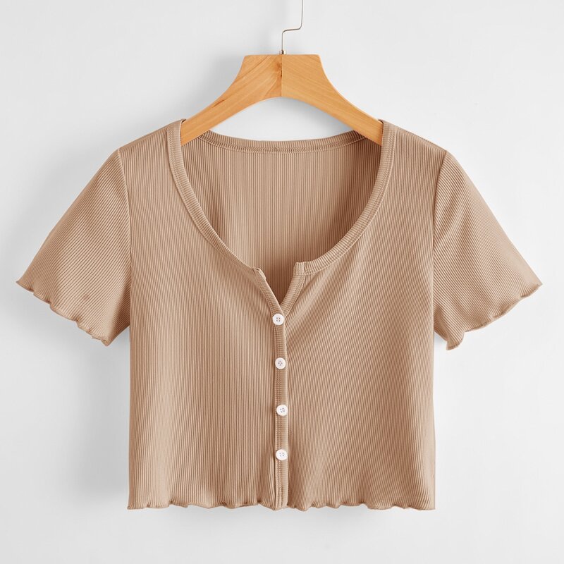 

Solid Button Front Ribbed Crop Tee, Khaki