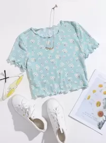 SHEIN MOD 花卉生菜邊T恤 - 薄荷藍 - 查看 1