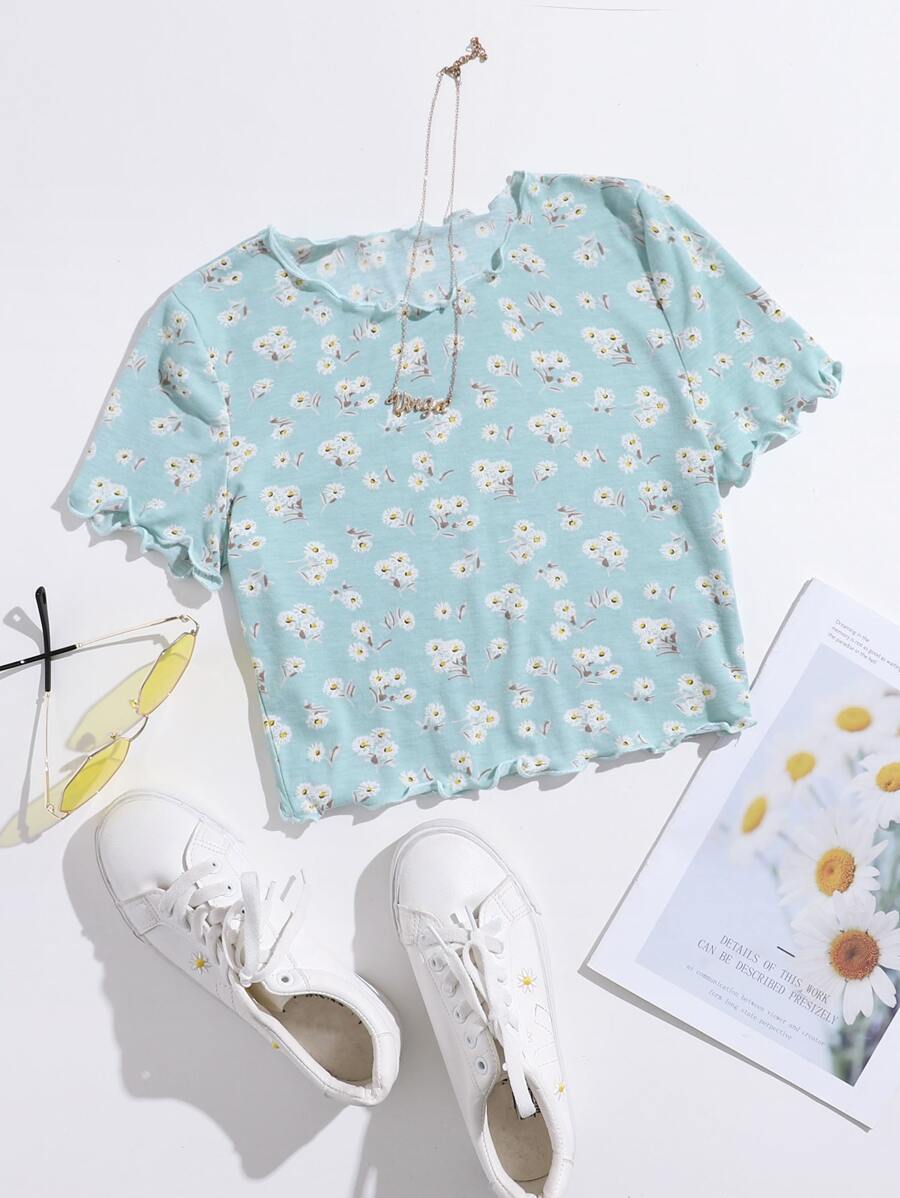 SHEIN MOD 花卉生菜邊T恤 - 薄荷藍 - 查看 1