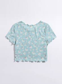 SHEIN MOD 花卉生菜邊T恤 - 薄荷藍 - 查看 2