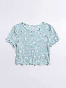 SHEIN MOD 花卉生菜邊T恤 - 薄荷藍 - 查看 3