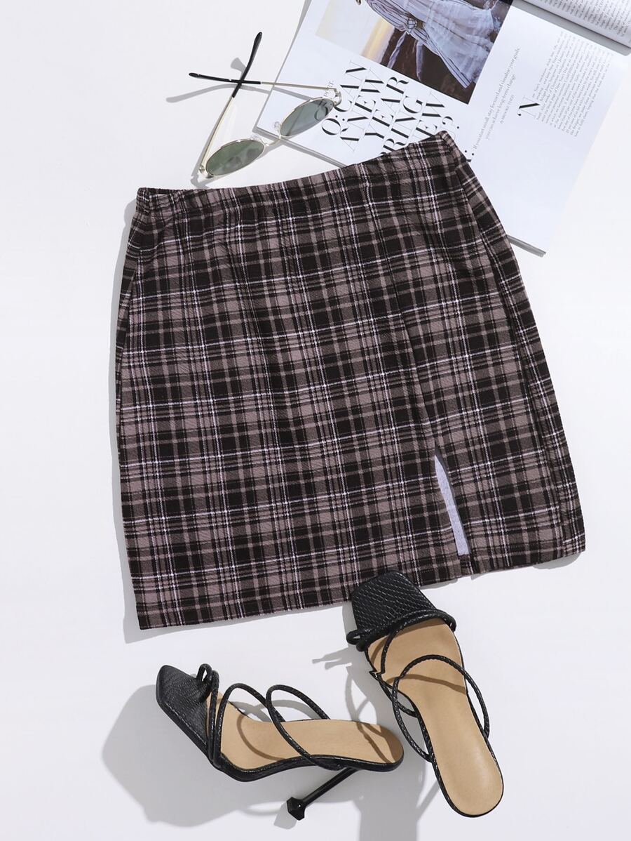 SHEIN Essnce Split Hem Plaid Skirt - Multicolor - View 1