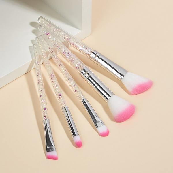 

5pcs Glitter Handle Makeup Brush, Pink
