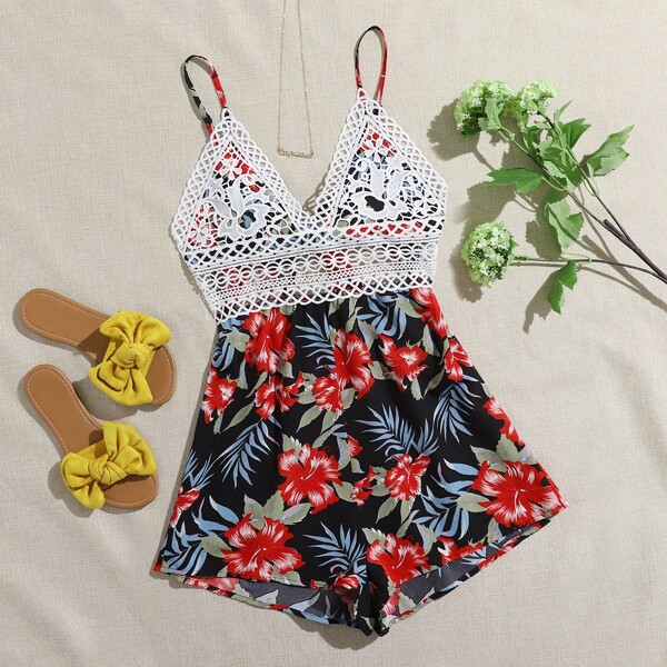 

Guipure Lace Bodice Tie Back Tropical Print Cami Romper, Multicolor