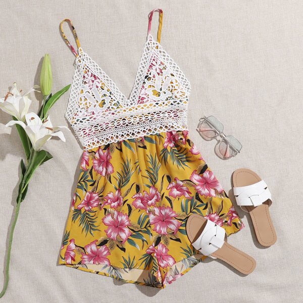 

Guipure Lace Bodice Tie Back Tropical Print Cami Romper, Multicolor