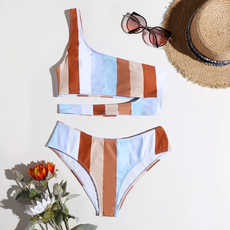 

One Shoulder Striped Cut-out Bikini Swimsuit, Multicolor
