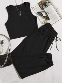 SHEIN EZwear Bộ thời trang Plus Size Dây kéo màu trơn Giải trí - màu đen - Xem 1