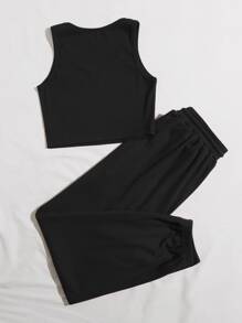 SHEIN EZwear Bộ thời trang Plus Size Dây kéo màu trơn Giải trí - màu đen - Xem 2