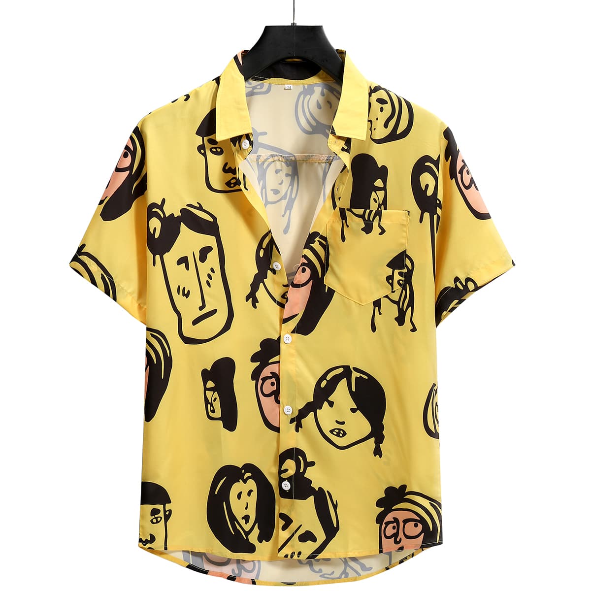 

Guys Cartoon Figure Print Pocket Patched Shirt, Yellow