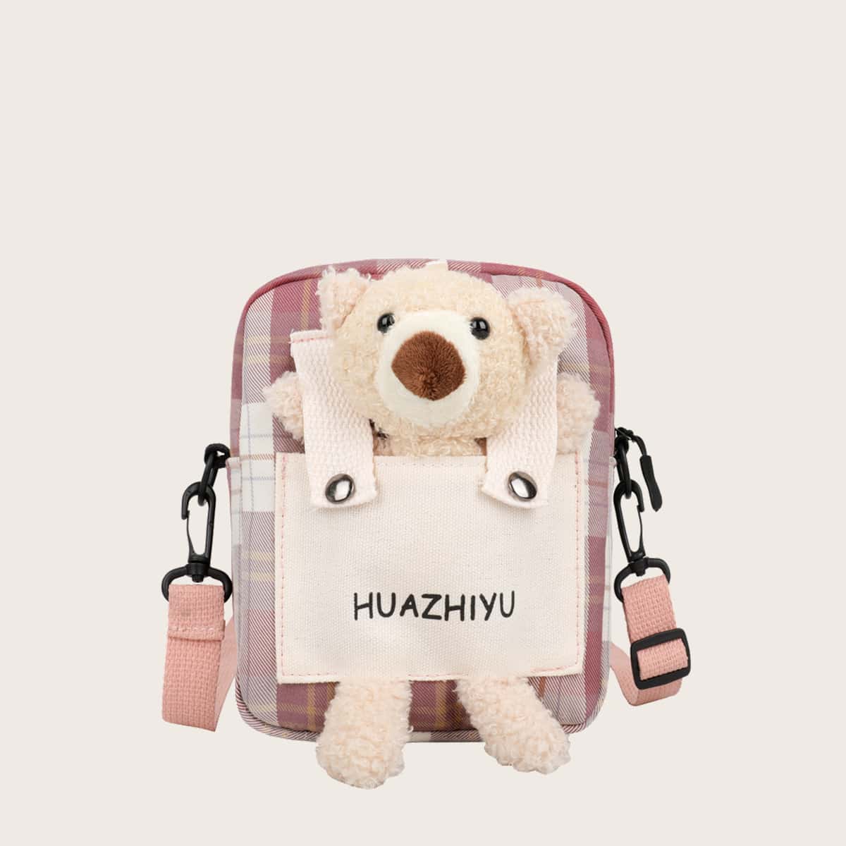 

Cartoon Bear Plaid Crossbody Bag, Pink