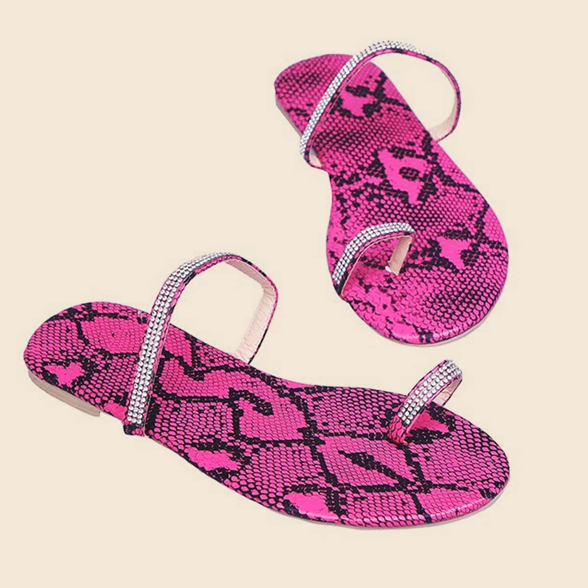 

Rhinestone Toe Ring Slide Sandals, Hot pink