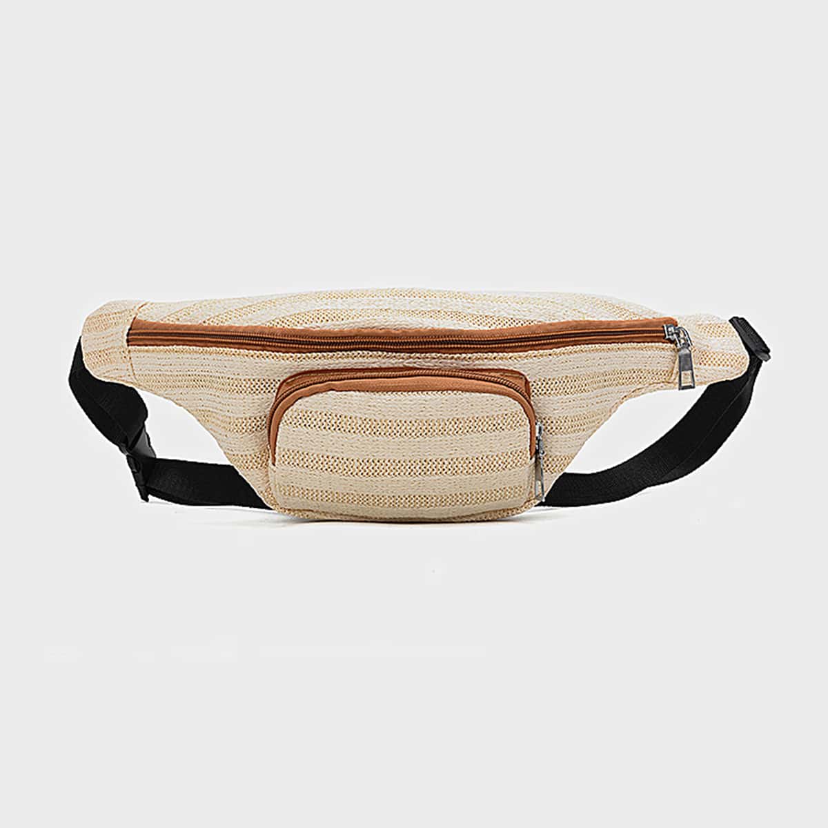 

Striped Pocket Front Fanny Pack, Beige