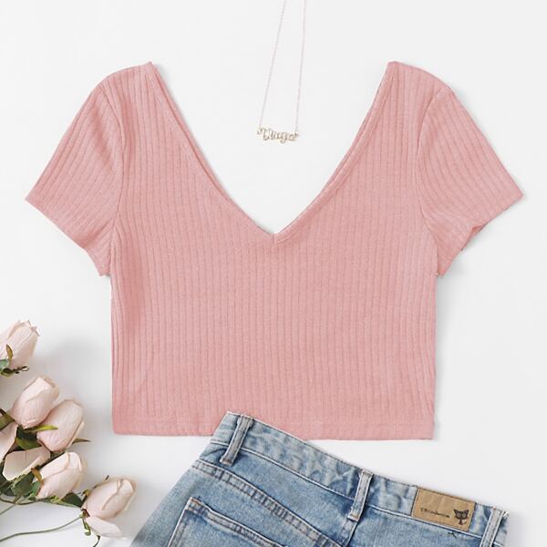 

Plus Double V-Neck Rib-knit Top, Baby pink