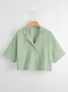 Solid Lapel Neck Blouse - Lime Green - View 1