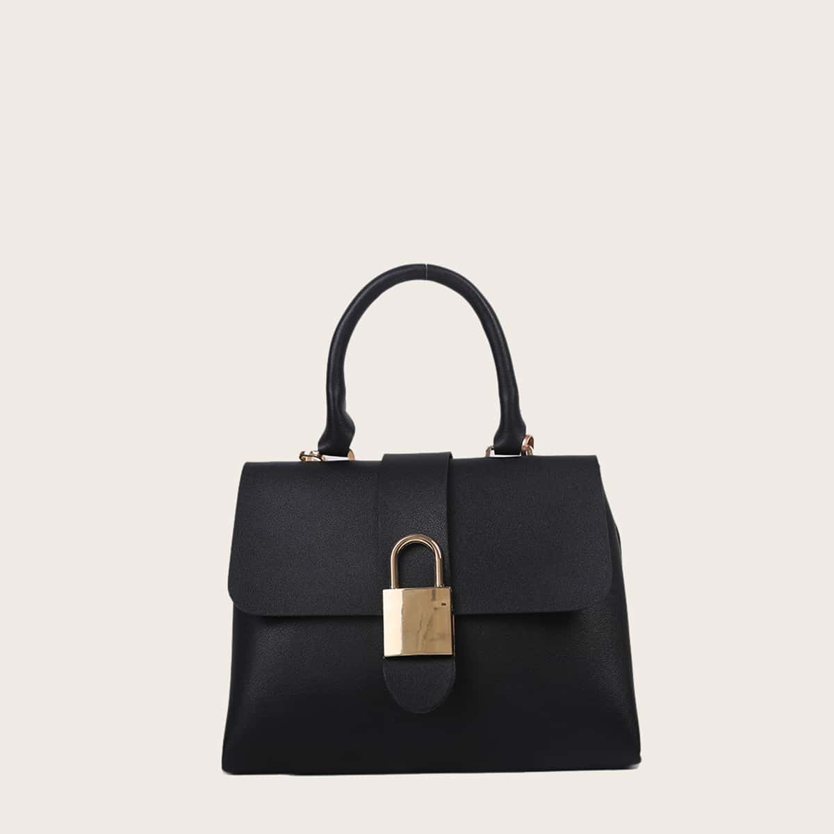 

Solid Lock Decor Satchel Bag, Black