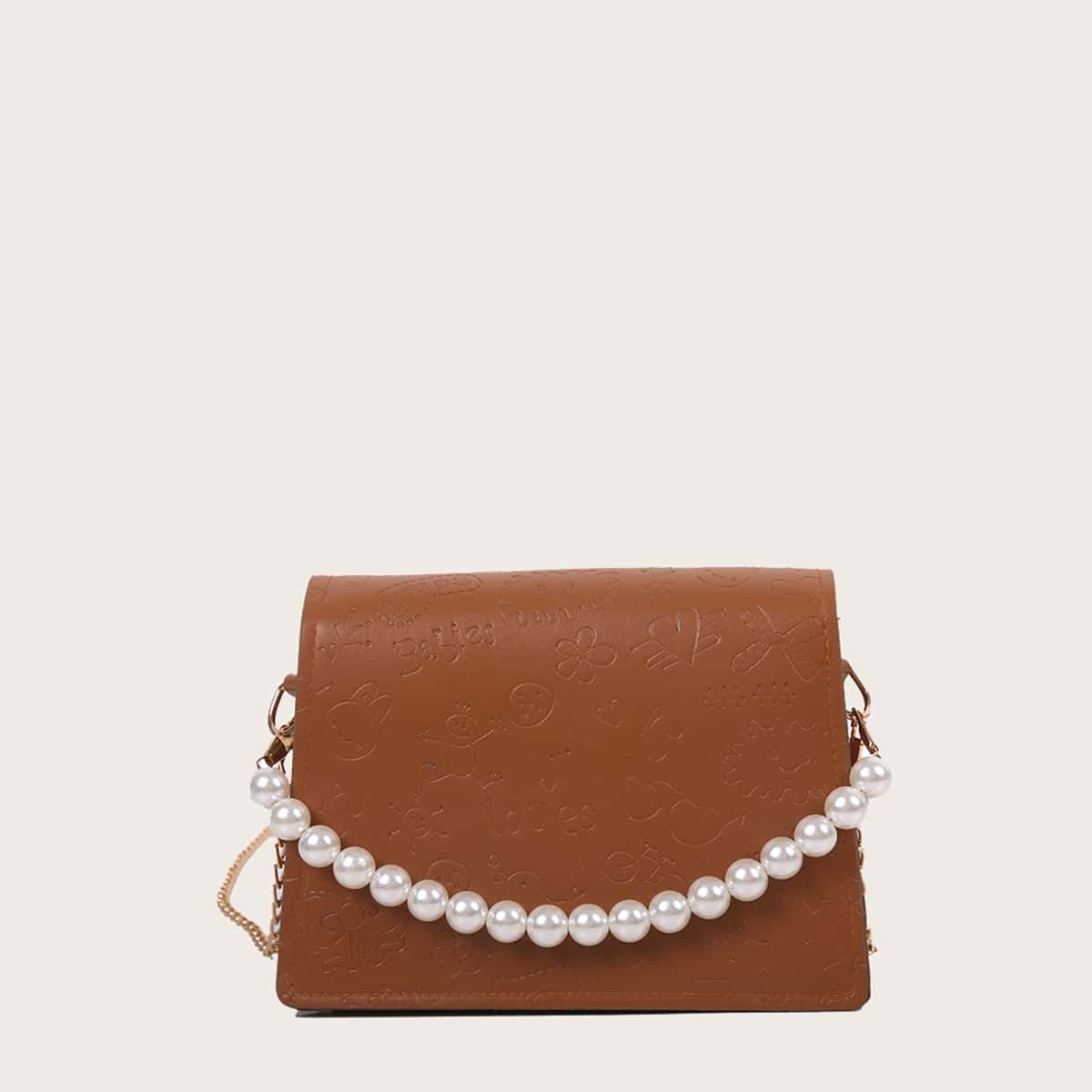 

Cartoon Embossed Faux Pearl Handle Satchel Bag, Brown