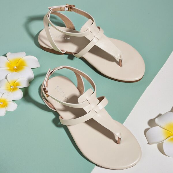 

Ankle Strap Flat Thong Sandals, Beige